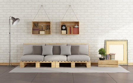 brick living room furniture. e living room with pallet sofa and wooden crate books on brick wall 3d rendering brick living room furniture. e living room with pallet sofa and wooden crate books on brick wall 3d rendering